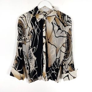 Vintage Black & Tan Print Pleated Blouse Medium